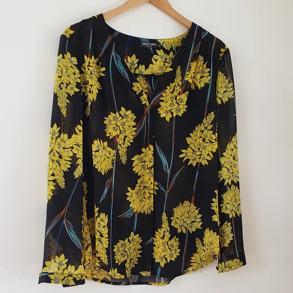 Urban Coco long sleeve sheer black Yello floral button blouse; Size small - Picture 8 of 16
